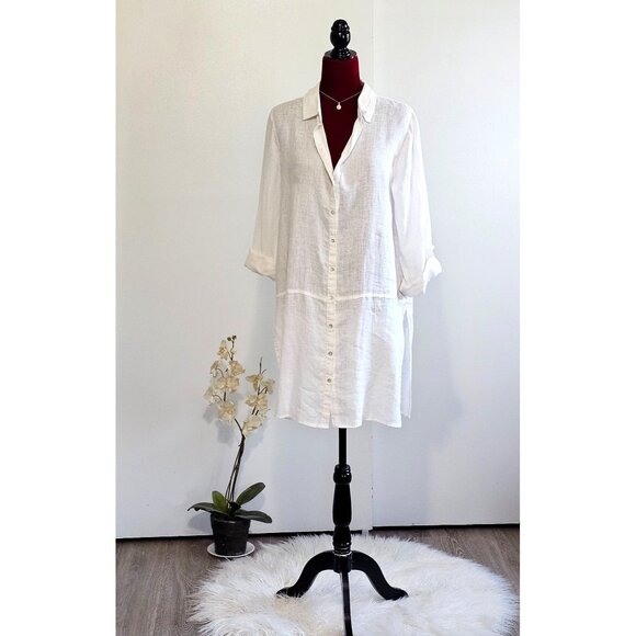 Tahari Women's White Linen Roll Tab Sleeve Collared Button-Front Top Sz L 2261 - Picture 1 of 12